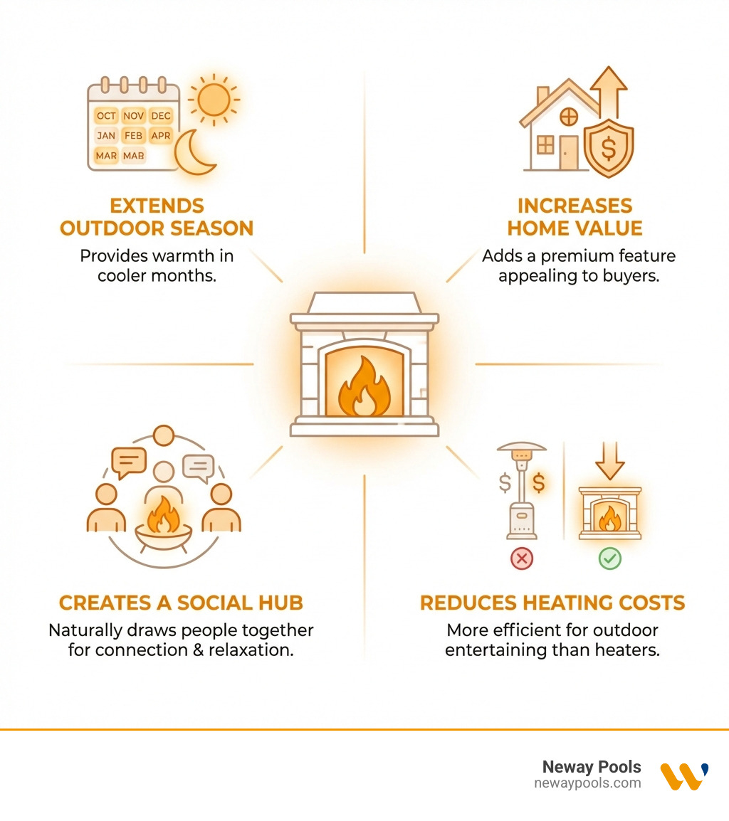 Infographic showing the key benefits of outdoor fireplaces: extends outdoor season by providing warmth in cooler months, increases home value by adding a premium feature that appeals to buyers, creates a social hub that naturally draws people together for conversation and relaxation, and reduces heating costs for outdoor entertaining compared to patio heaters - outdoor fireplace design infographic Infographic showing the key benefits of outdoor fireplaces: extends outdoor season by providing warmth in cooler months, increases home value by adding a premium feature that appeals to buyers, creates a social hub that naturally draws people together for conversation and relaxation, and reduces heating costs for outdoor entertaining compared to patio heaters - outdoor fireplace design infographic
