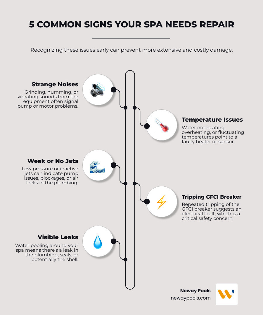 Infographic showing the 5 most common signs your spa needs repair: 1) Strange grinding or humming noises from equipment, 2) Water not heating or overheating, 3) Weak or non-working jets, 4) GFCI breaker tripping repeatedly, 5) Visible leaks or persistent water pooling around spa - spa pool repairs near me infographic infographic-line-5-steps-elegant_beige Infographic showing the 5 most common signs your spa needs repair: 1) Strange grinding or humming noises from equipment, 2) Water not heating or overheating, 3) Weak or non-working jets, 4) GFCI breaker tripping repeatedly, 5) Visible leaks or persistent water pooling around spa - spa pool repairs near me infographic infographic-line-5-steps-elegant_beige