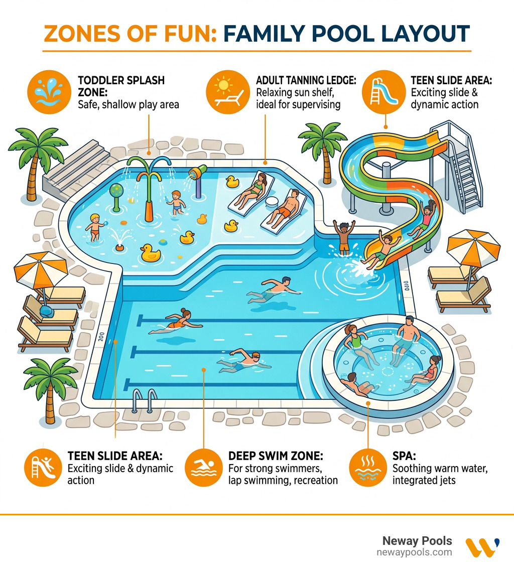 Zones of Fun infographic showing layout of a family pool with toddler splash zone, teen slide area, adult tanning ledge Zones of Fun infographic showing layout of a family pool with toddler splash zone, teen slide area, adult tanning ledge