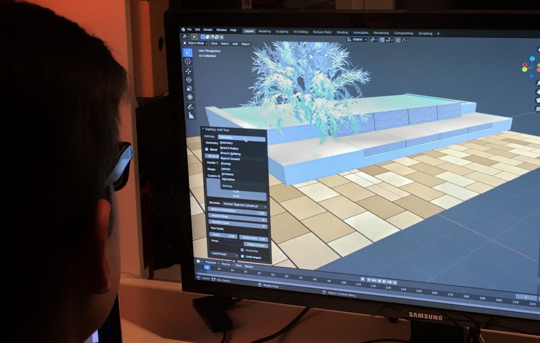 3D pool design consultation with a client in a modern office