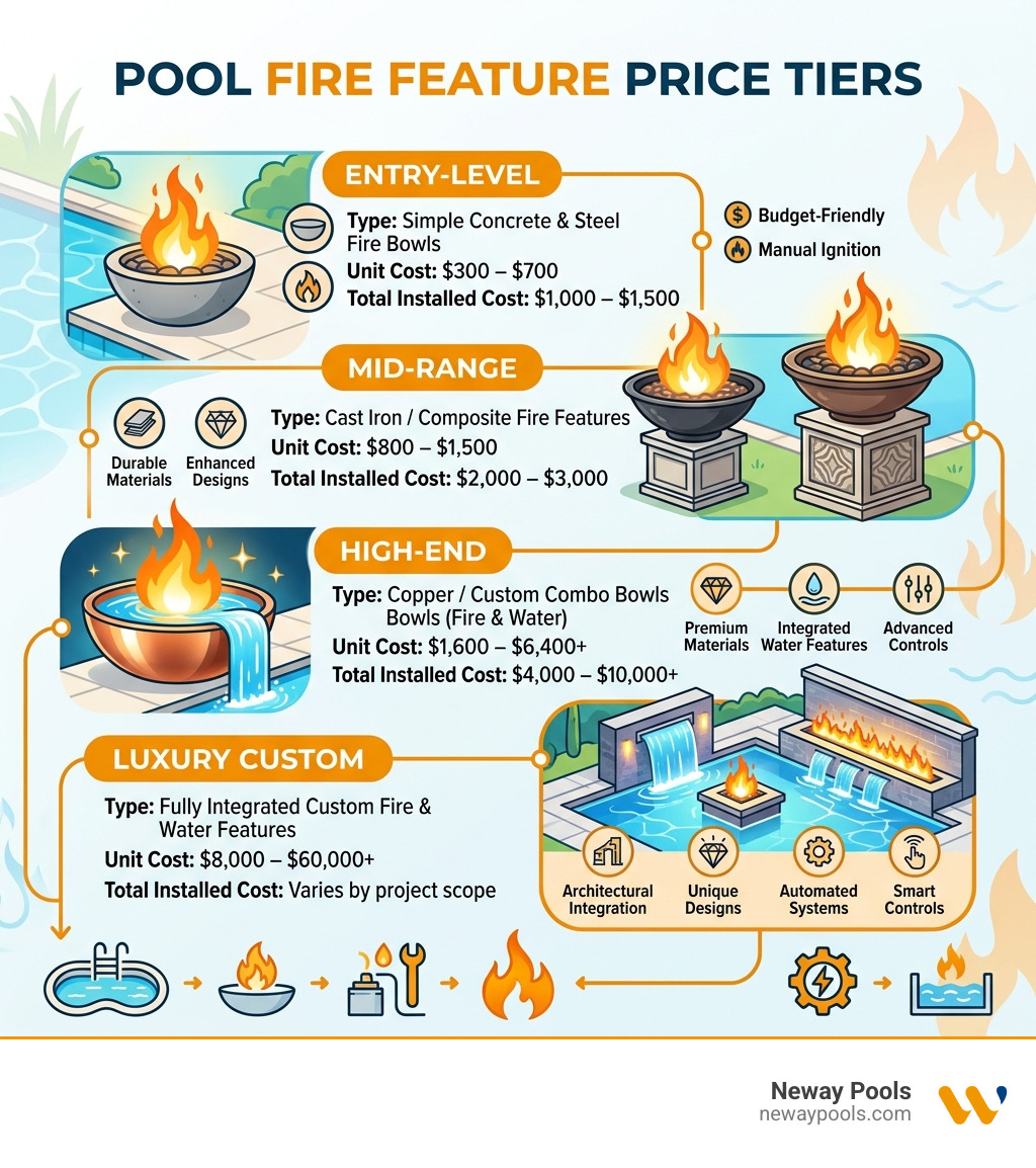 Infographic showing pool fire feature types and their price tiers from entry-level to luxury custom - pool fire feature cost Infographic showing pool fire feature types and their price tiers from entry-level to luxury custom - pool fire feature cost
