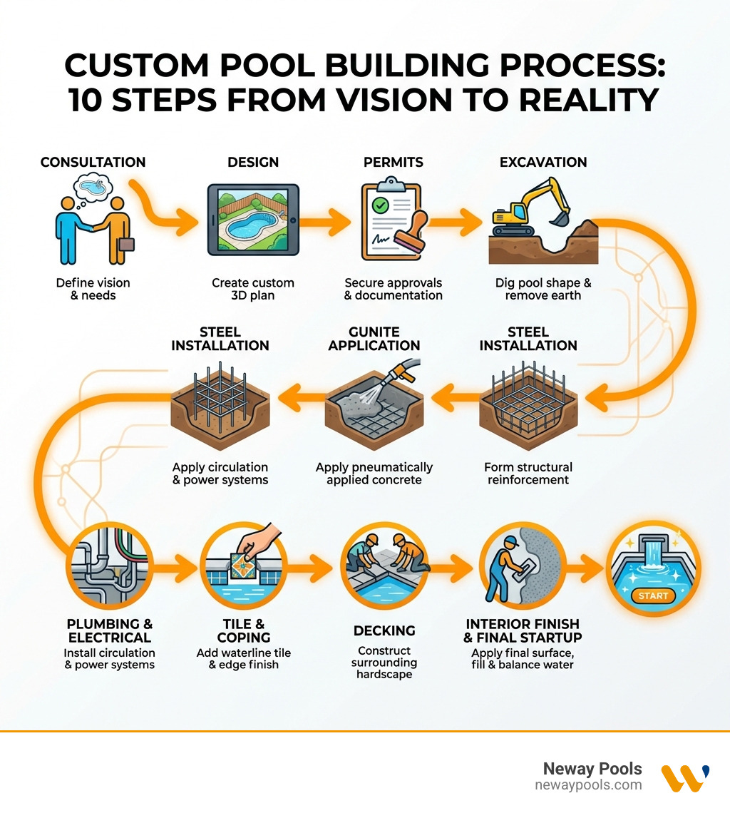 infographic showing the 10-step custom pool building process from consultation through design, permits, excavation, steel installation, gunite application, plumbing and electrical, tile and coping, decking, interior finish, and final startup - Marietta pool builders infographic 
