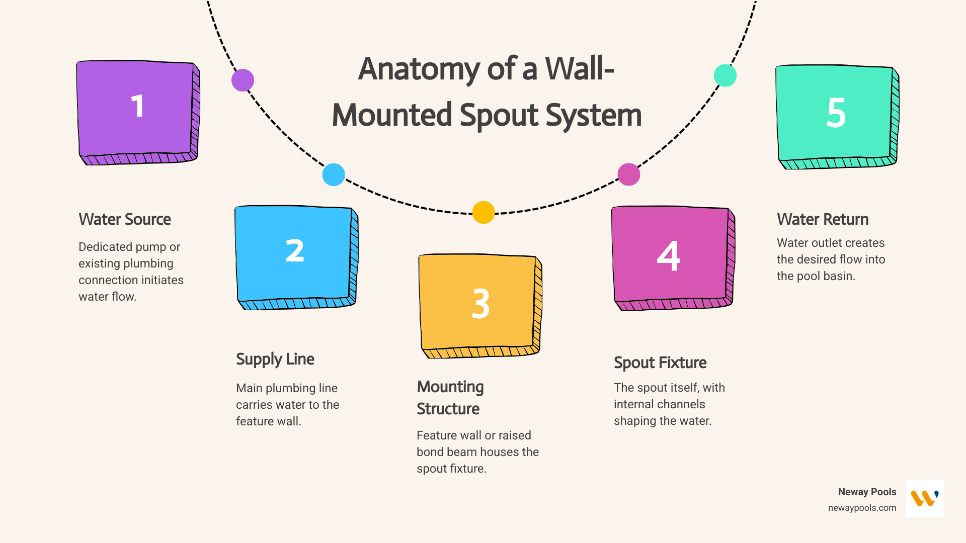 Infographic showing the anatomy of a wall-mounted pool water feature spout system, including the dedicated pump or plumbing connection, main supply line, feature wall or raised bond beam mounting structure, the spout fixture itself (showing internal water channel), water outlet creating the desired flow pattern, and the pool basin receiving the cascading water - pool water feature spouts infographic process-5-steps-informal Infographic showing the anatomy of a wall-mounted pool water feature spout system, including the dedicated pump or plumbing connection, main supply line, feature wall or raised bond beam mounting structure, the spout fixture itself (showing internal water channel), water outlet creating the desired flow pattern, and the pool basin receiving the cascading water - pool water feature spouts infographic process-5-steps-informal