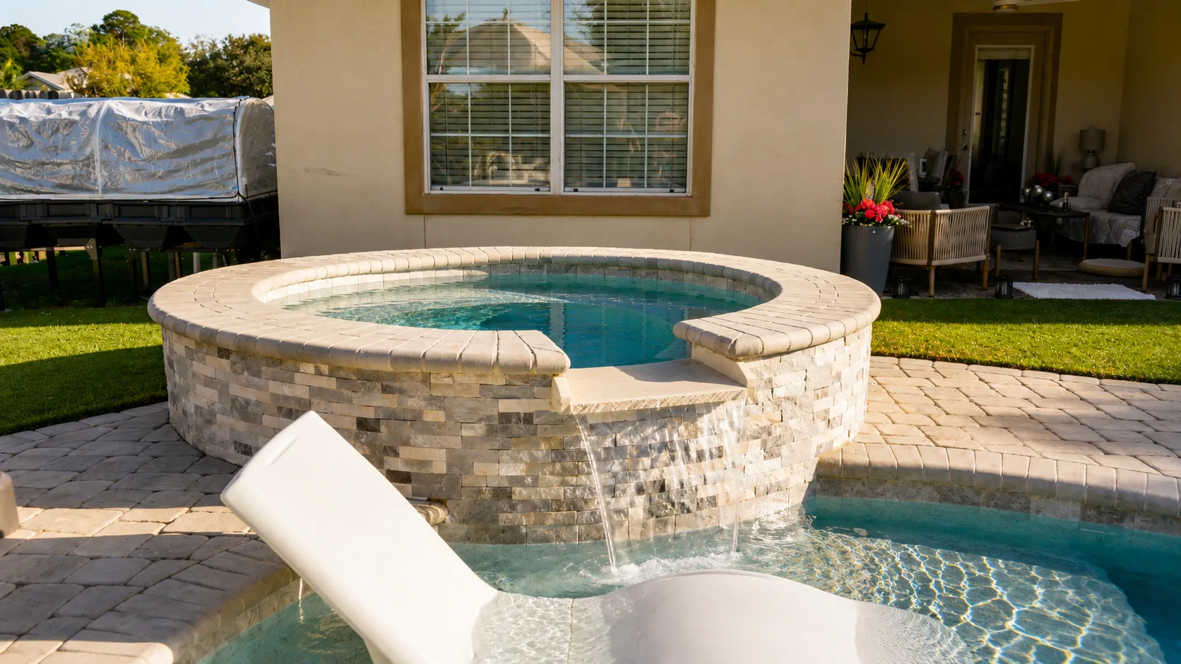 Custom pool with an attached raised spa by Neway Pools