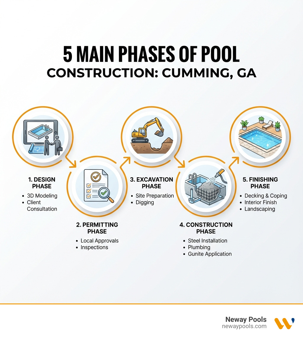 infographic showing the 5 main phases of pool construction: 1. Design phase with 3D modeling and client consultation, 2. Permitting phase with local approvals and inspections, 3. Excavation phase with site preparation and digging, 4. Construction phase with steel installation plumbing and gunite application, 5. Finishing phase with decking coping interior finish and landscaping - Pool Builders Cumming GA infographic 