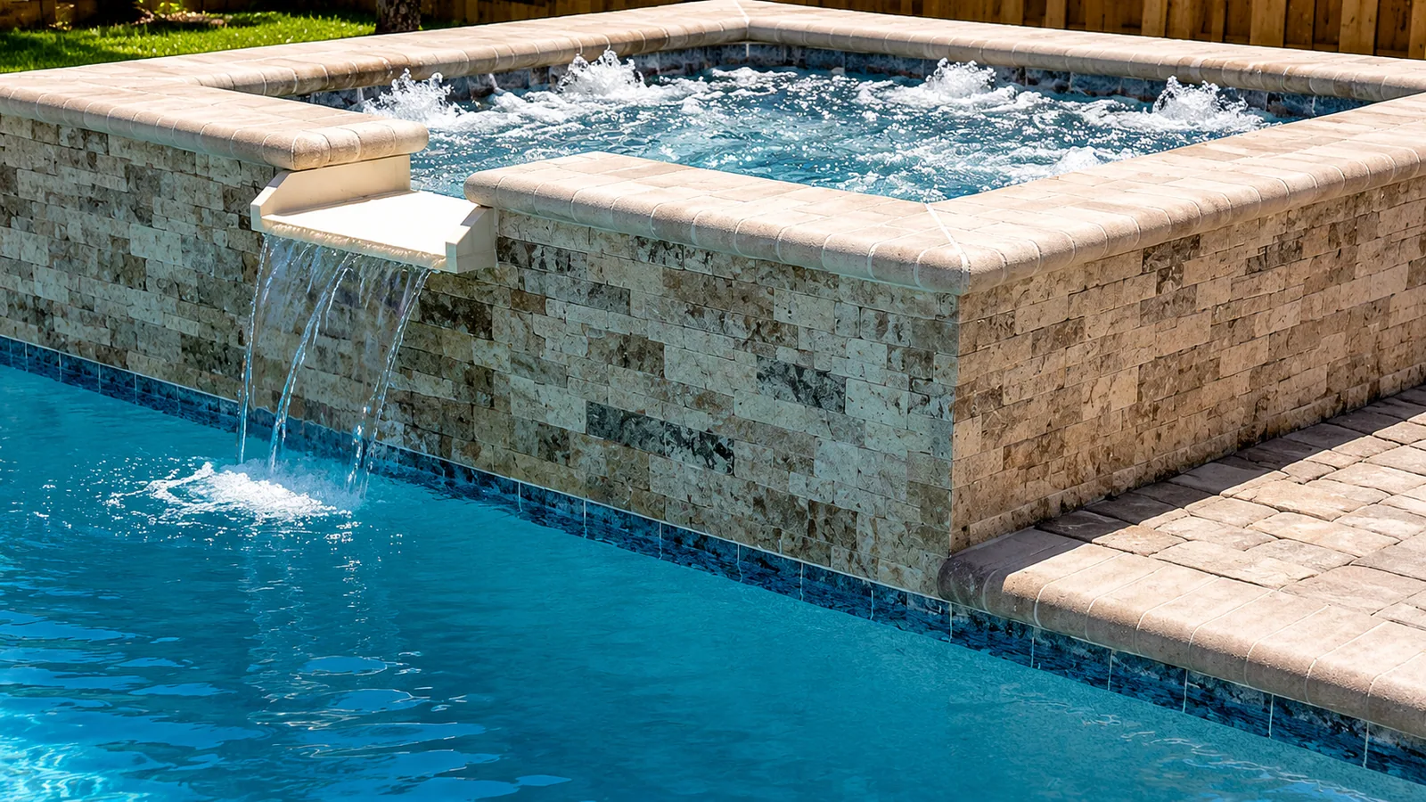 Water feature spilling into a Neway Pools swimming pool