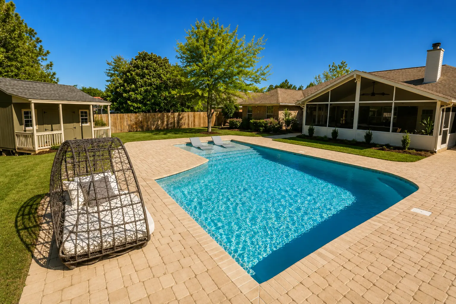 Neway custom swimming pool with sun shelf lounge chairs and paver patio