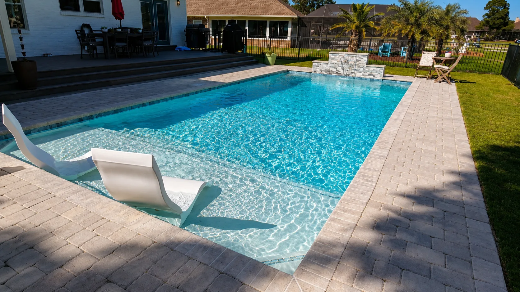 Water feature on a completed Neway Pools swimming pool