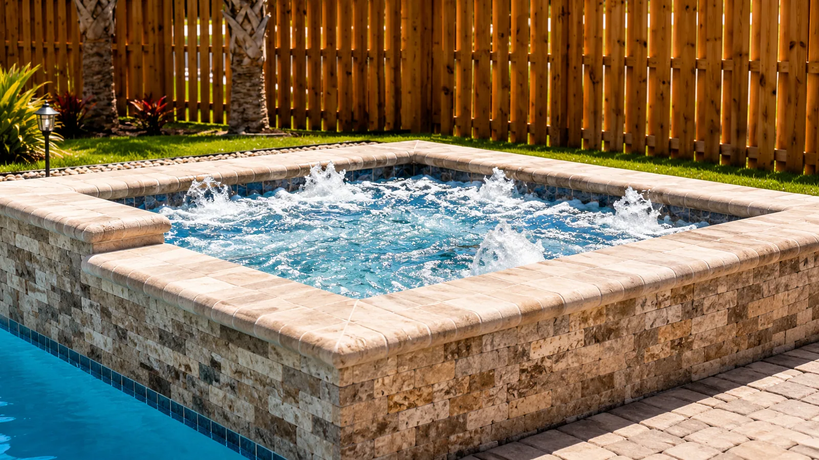 Custom pool with an attached raised spa by Neway Pools Custom pool with an attached raised spa by Neway Pools