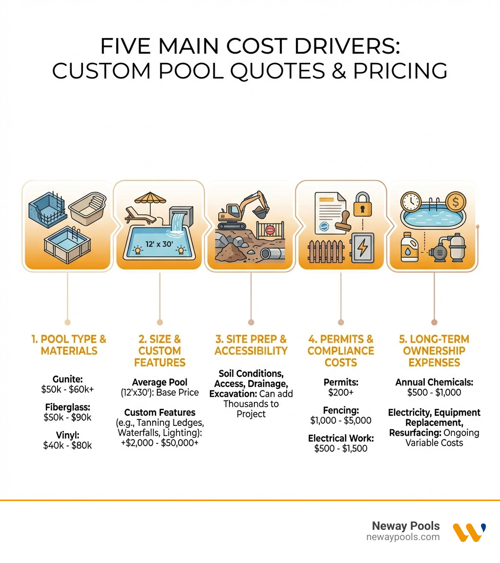 Infographic showing the five main cost drivers for custom pool quotes: pool type and materials, size and custom features, site preparation and accessibility, permits and compliance costs, and long-term ownership expenses with typical price ranges for each category - custom pool quotes infographic Infographic showing the five main cost drivers for custom pool quotes: pool type and materials, size and custom features, site preparation and accessibility, permits and compliance costs, and long-term ownership expenses with typical price ranges for each category - custom pool quotes infographic