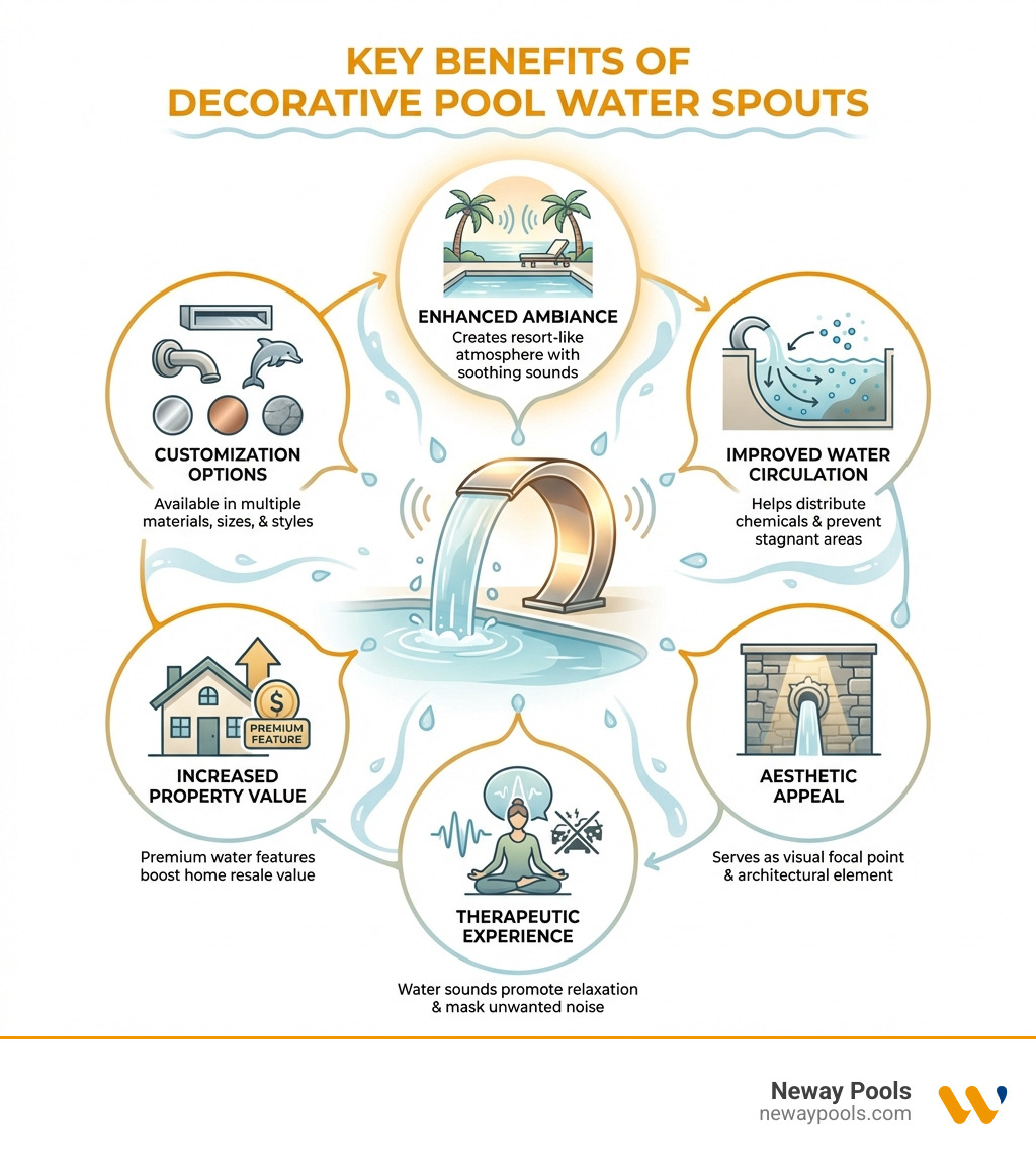 Infographic showing the key benefits of decorative pool water spouts: Enhanced Ambiance (creates resort-like atmosphere with soothing sounds), Improved Water Circulation (helps distribute chemicals and prevent stagnant areas), Aesthetic Appeal (serves as visual focal point and architectural element), Increased Property Value (premium water features boost home resale value), Customization Options (available in multiple materials, sizes, and styles to match any design), and Therapeutic Experience (water sounds promote relaxation and mask unwanted noise) - decorative pool water spouts infographic 
