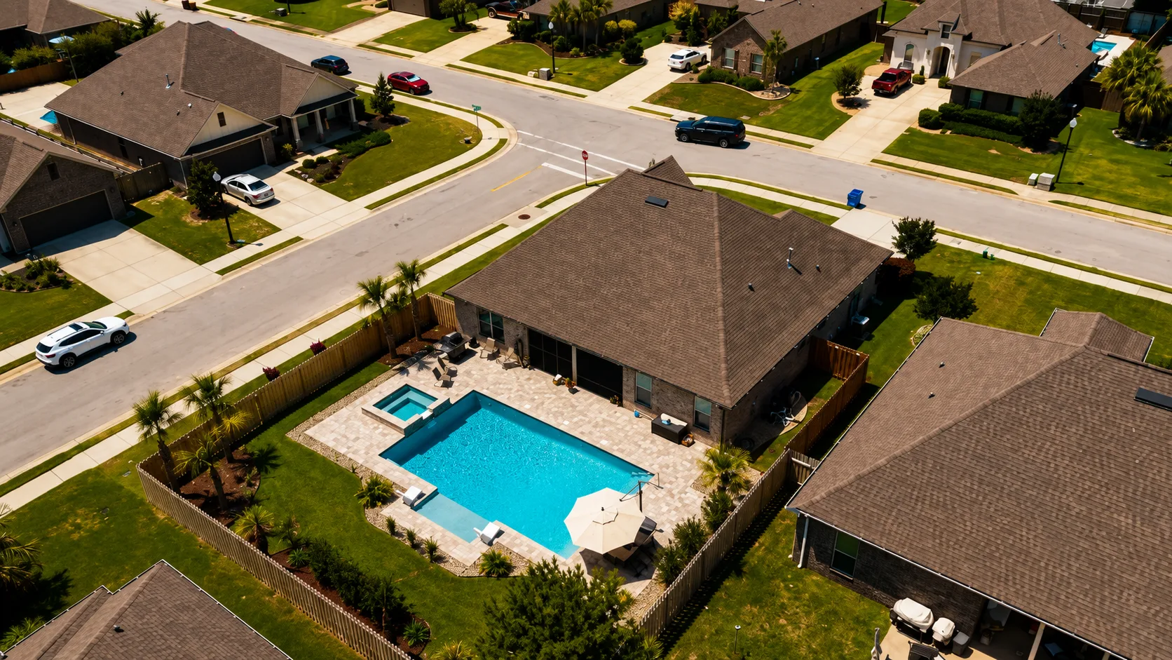 Aerial view of a custom backyard pool built by Neway Pools